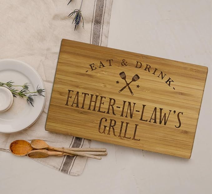 Andaz Press Large Bamboo Wood BBQ Cutting Board Gift, 17.75 x 11-inch, Father-In-Law's Grill, 1-Pack, Laser Engraved Serving Chopping Board Christmas Birthday Chef Kitchen Ideas