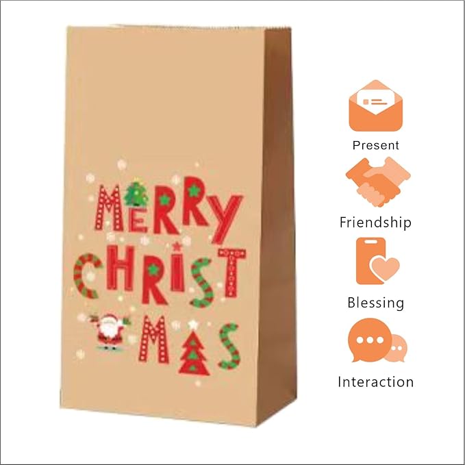 UrLLssMo 24pcs Hand-Illustrated Christmas Gift Bags - Bulk Set of Holiday Party Favor Bags, Eco-Friendly Brown Paper Gift Bags for Decor & Packaging (8.8"x4.8"x3.2")