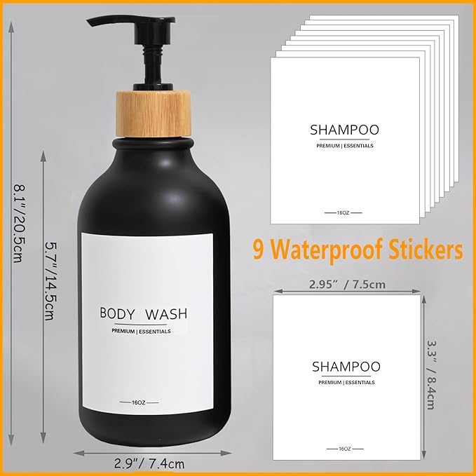 Frosted Plastic Shampoo and Conditioner Bottles, Apothecary Dispenser Bamboo Pump, Refillable Bottles for Shower Lotion, Oil, Hand Soap, Sanitizer, Liquid Soap, Set of 3 with 9 Labels (3, Matte Black)