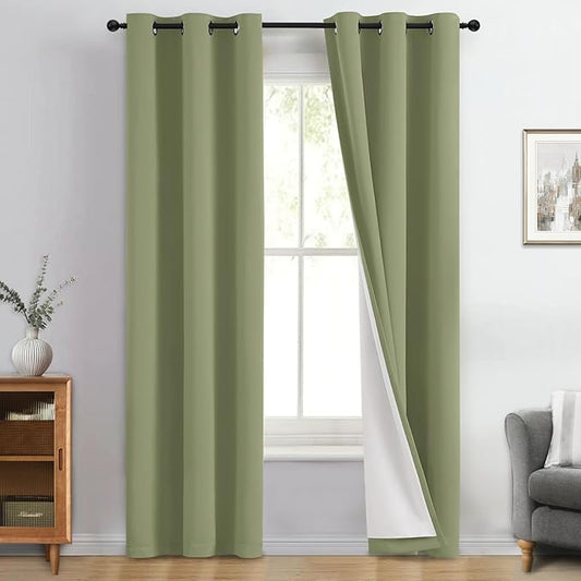 Yakamok 100% Blackout Curtains for Living Room, Thermal Insulated Blackout Curtains 84 inch Length Heat and Full Light Blocking Curtains Window Drapes for Bedroom with White Backing, Sage, W40 x L84