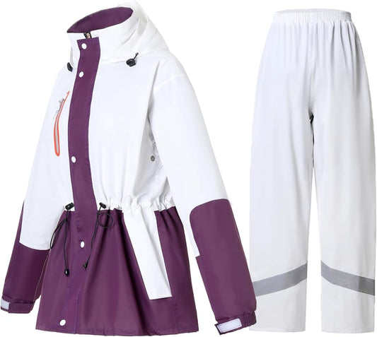 Rain Suit for Women Waterproof Hooded Rain Gear Rain Jacket and Pants 2 Piece Breathable Rain Coat Outdoor
