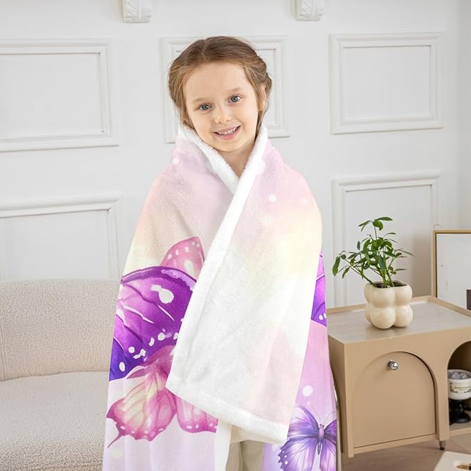 Feelyou Girls Fleece Throw Blanket 40"x50" Kids Purple Butterfly Sherpa Blanket Plush Fuzzy for Bed Couch Chair Living Room, Floral Flower Bed Blanket Cute Watercolor Room Decor