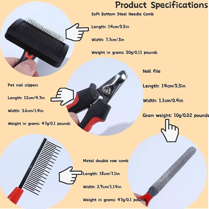 Rabbit Professional Nail Clippers Grooming Kit with Pet Shedding Slicker Brush, Pet Grooming Comb, Nail Clipper Trimmer for Rabbit, Puppy, Kitten, Guinea Pig, Hamster, Ferret (4PCS)