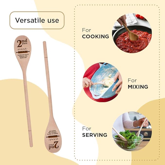 1st, 2nd and 3rd Place Winner-14 Inch Kitchen Spoons Set of 3, Personalized Custom Engraved in USA, Wooden Cooking Utensils, Chili Cook Off Showcase Party Prizes Contest Favor (Baking)
