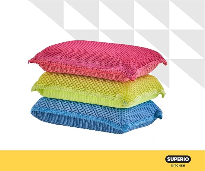 Superio Miracle Microfiber Sponges for Kitchen 3-Pack Red Yellow Blue, Kosher Non-Scratch Sponge Scrubber Heavy Duty Multi-Purpose Cleaning of Dishes, Pots, Pans and Counter tops, Machine Washable