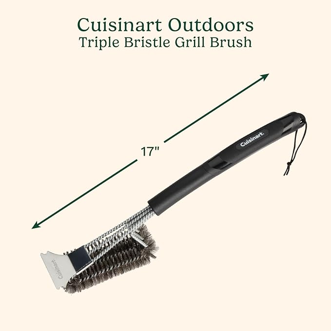 Cuisinart Triple Bristle Brush with Scraper, 17” Triple Row Stainless Steel Grill Brush for All Grates Quick Grill Cleaning, Comfortable Grip Grill Cleaner Perfect for BBQs, Cookouts & Tailgates