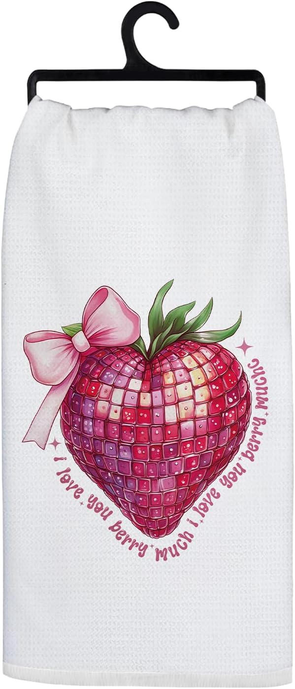 Coquette Pink Bow Strawberry Kitchen Towels, I Love You Gifts for Her Hand Towels, Dish Tea Towels, Strawberry Kitchen Bathroom Decor, 16x24 Inch
