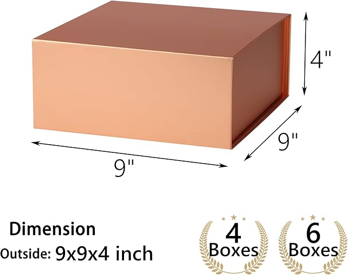 6 Pack Rose Gold Gift Boxes With Lids,9x9x4 Inch Bridesmaid Proposal Box And Printable Stickers,Proposal Boxes With Ribbon For Wedding, Packaging, Present, Birthday