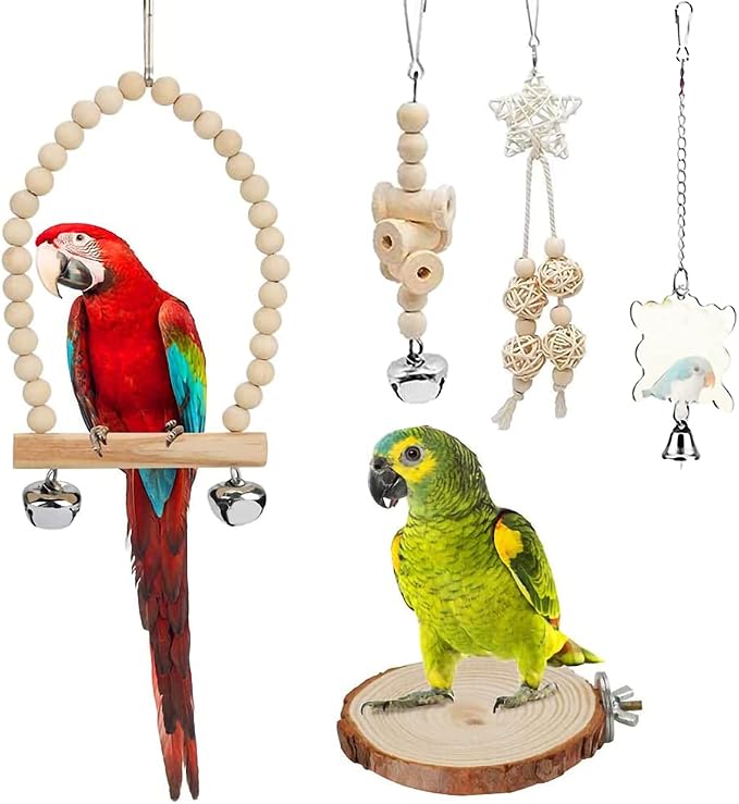 9-Piece Parakeet Toys & Budgie Toys, Bird Cage Accessories Set | Natural wood bird toys include coconut hideaway, swing, ladder, perch, mirror and hanging toys for budgies & cockatiels
