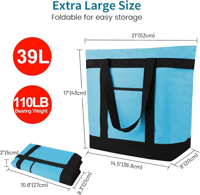 mosago 2PK Reusable Grocery Tote Bags, Insulated Cooler Shopping Bag for Women, Pizza/Food Delivery Bags to Keep Food Hot/Cold for Commercial Food Transport, Cooler Bag for Travel/Picnic, Collapsible