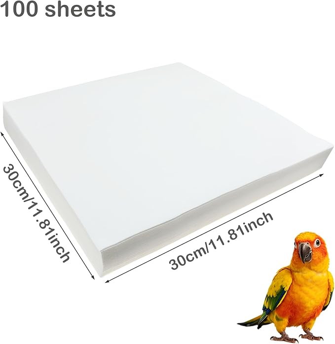 100 Sheets Bird Cage Liner Papers, Disposable Bird Cage Paper Liners, Cuttable Pet Animal Cages Cushion, Precut Absorbent Bird Paper for Bird Parrot Small Animal, 11.8 x 11.8''