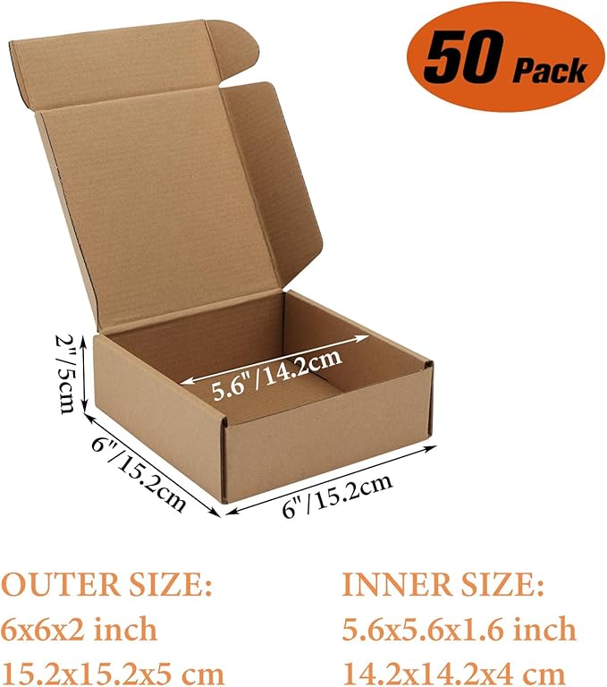 PHAREGE 6x6x2 inch Shipping Boxes Bulk 50 Pack Brown, Tab Lock Tuck Top Mailer Boxes for Packaging Small Business, Small Cardboard Gift Boxes for Wrapping Mailing Present