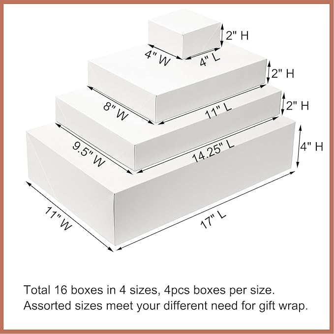 Mefleet 16 Pack Gift Boxes with Lids Assorted Sizes Small to Extra Large Different Size Shirt Box for Wrapping Christmas Presents, Holidays, Birthday Gift White