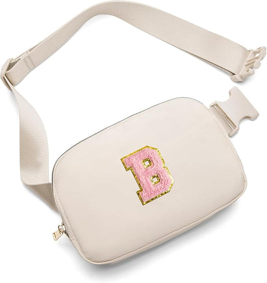 Gitus Belt Bag Fanny Pack Crossbody Bags with Initial Letter Patch Cute Stuff Birthday Gifts for Teenager Girls Trendy Preppy Stuff for Teen Girls(Beige-B)