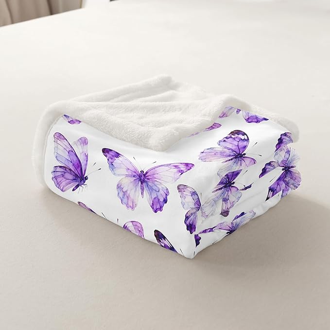Feelyou Girls Purple Butterfly Fleece Throw Blanket 40"x50" Kids Watercolor Sherpa Blanket Plush Fuzzy for Bed Couch Chair Living Room, Chic Gorgeous Bed Blanket Room Decor