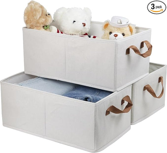 Pack of 3 Large Capacity Storage Bins Closet Organizer System, Sturdy Foldable Boxes for Organizing Clothing, Sheets, Toys, Books - Shelf Shelves Basket Bin Linen White