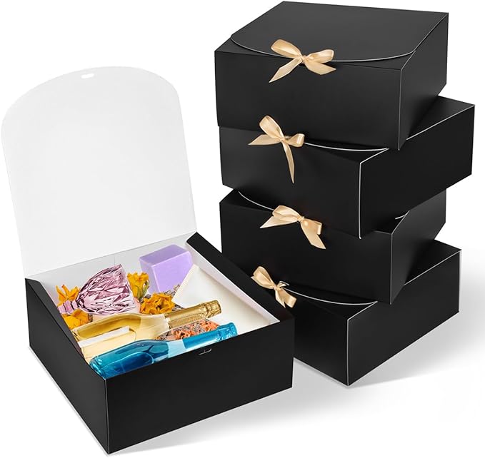 8Pack Large Gift Boxes with Lids, 12x12x5 Inches Bridesmaid Proposal Box With Ribbon, Black Boxes For Gifts, Paper Gift Box For Presents, Wedding, Bridal Shower, Birthday Party