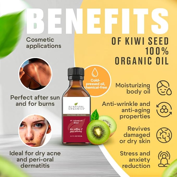 Au Natural Organics Kiwi Seed Oil for Face, Skin, Hair, Scalp, Lip & Nails Care | Cold Pressed Skin Moisturizer Oil, Reduce Wrinkles, Large Pores, Acne, Dark Spots & Other Skin Blemishes 3.4 oz