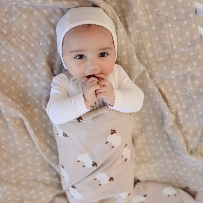 Luxury Cotton Knit Swaddle Baby Blanket - Soft Cozy Lightweight Unisex Receiving Swaddler Stroller Quilt Blanket for Shower Gift Registry for Newborns Infants Toddlers (Sheep - Ivory)
