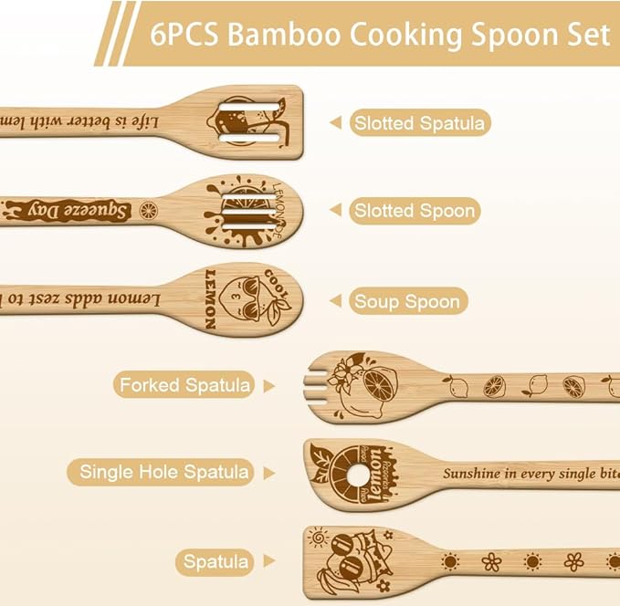GLOBLELAND 6Pcs Lemon Wooden Spoons Utensil Set Bamboo Carving Kitchen Cooking Utensils for Women and Men Wooden Engraved Cooking Spatula Set for Kitchen Fun House Warming Gift