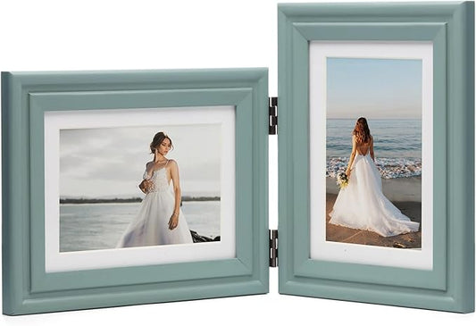 Horizontal & Vertical 5X7 Picture Frames Double Hinged Wood Folding Photo Frames with Real Glass Front Fit for Desktop or Tabletop Display Pictures 4x6 with Mat or 5x7 Without Mat, Teal Blue