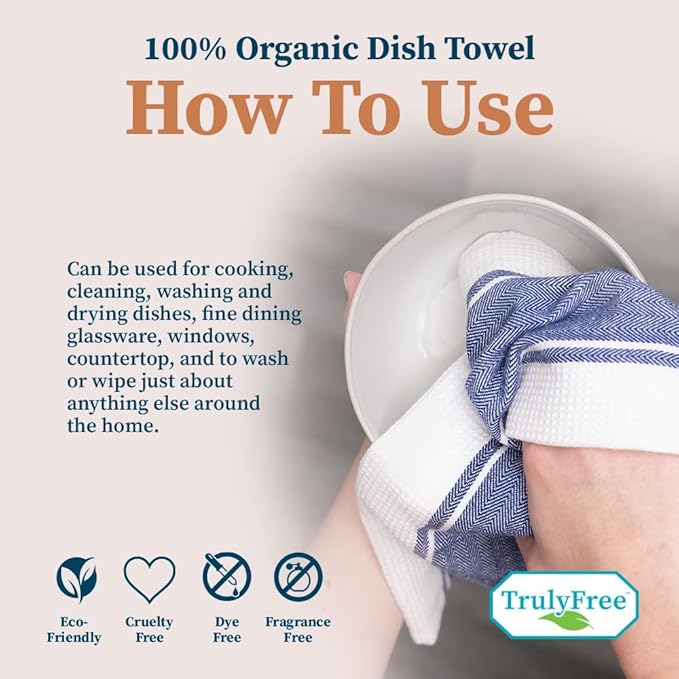 Truly Free Organic Cotton Dish Towels, Highly Absorbent with Hidden Hanging Loop, Plaid Pattern, Lint-Free, Premium Kitchen Towels, 24" x 14.5" (1-Pack)