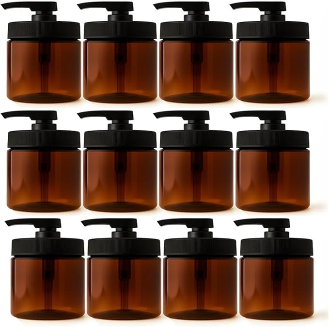 Royal Massage 16oz Refillable Pump Jar with Locking Dip Tube Dispenser – BPA-Free Plastic Container for Massage Oils, Lotions, Creams – Ribbed Lid Wide-Mouth Jar – Durable & Reusable (Amber/Black, 12)