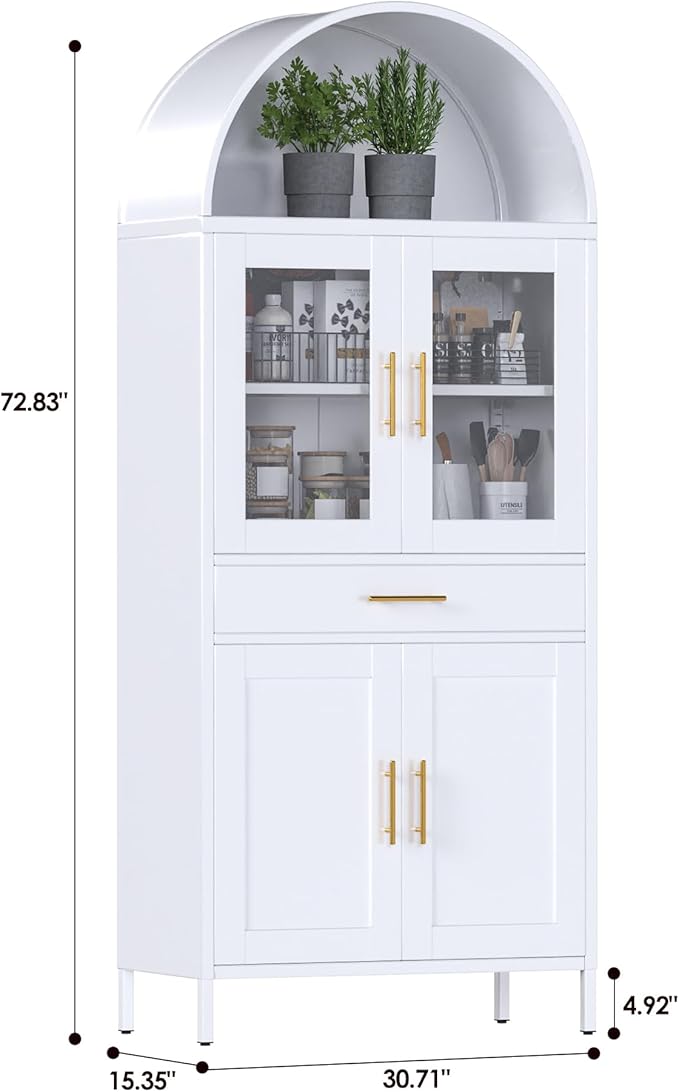 73''H Metal Farmhouse Arched Pantry Cabinet,White Tall Arched Cabinet for Kitchen Dinning Room, Assembly Required