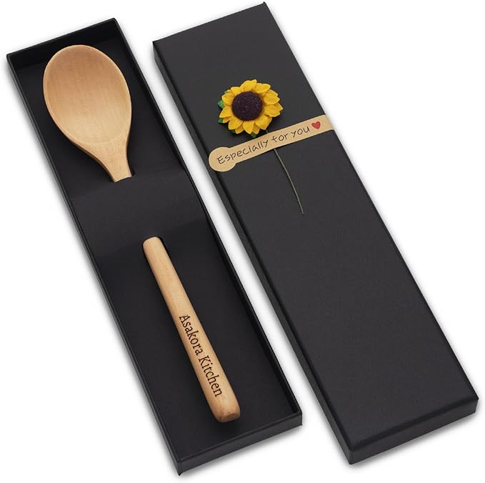 Personalized Wood Soup Spoons, Custom Engraved 9.25 Inch Wooden Spoons for Eating Cooking Mixing Stirring, Long Handle Spoon with Gift Box for Anniversary Birthday Christmas Gifts