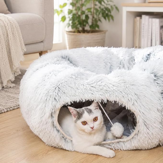 Warm Fluffy Plush Cat Dog Tunnel Bed Under Christmas Tree Big Tube Playground Toys 3 FT Diameter Longer Crinkle Collapsible 3 Way, for Indoor Cat Kitty Kitten Puppy Rabbit Ferret White