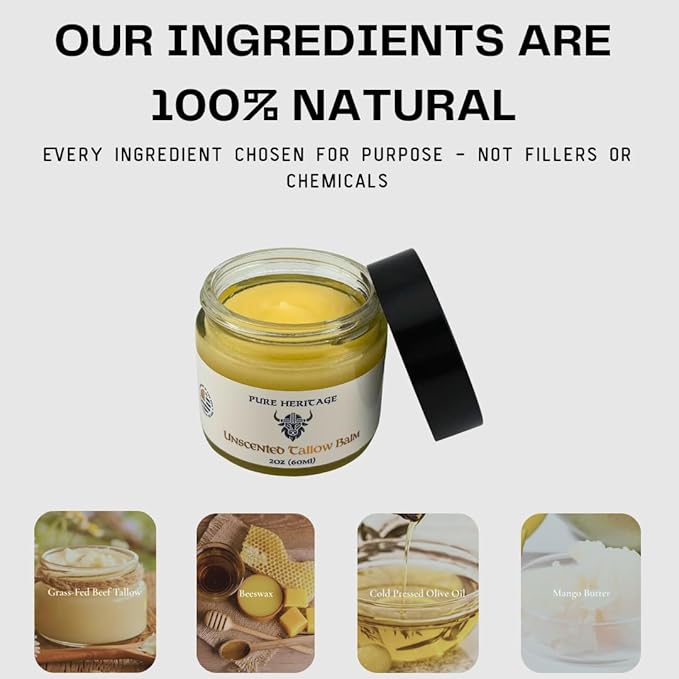 Pure Heritage Handmade Tallow Balm – Unscented Grass-Fed & Finished Moisturizer & Healing Cream | Natural Care for Sensitive Skin, Eczema, Rosacea, Babies, Men & Women (4oz)