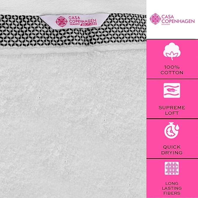 CASA COPENHAGEN Solitaire Towel, 2 Piece Bath Sheet Towel Set- White, 600 GSM Designed in Denmark Made of Soft Egyptian Cotton for Bathroom, Kitchen & Shower