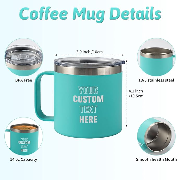 Personalized Insulated Coffee Tumbler - 14oz Engraved Stainless Steel Coffee Mug - Personalized Travel Mug with Handle and Lid - Ideal Customized Gift for Women, Men, Friends