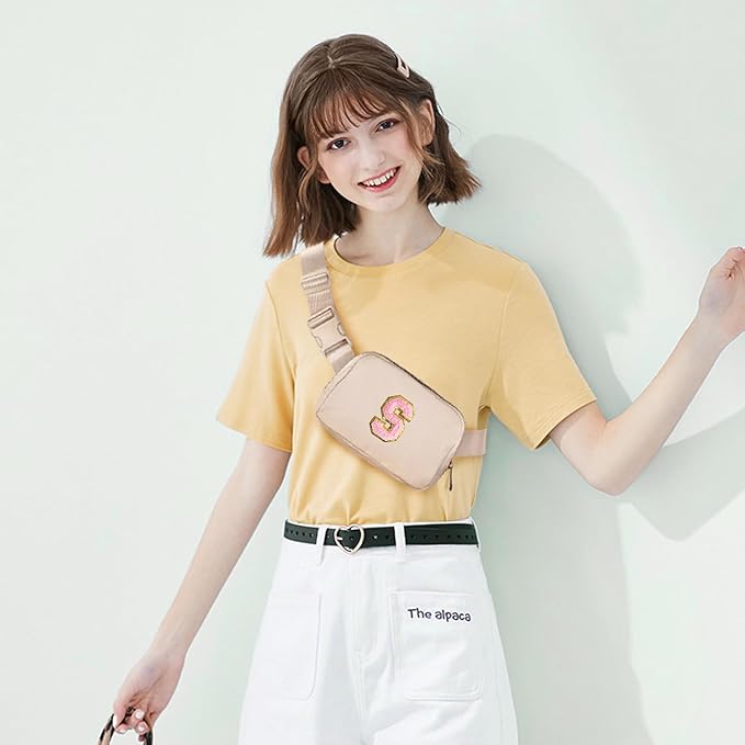 Gitus Belt Bag Fanny Pack Crossbody Bags with Initial Letter Patch Cute Stuff Birthday Gifts for Teenager Girls Trendy Preppy Stuff for Teen Girls(Beige-S)