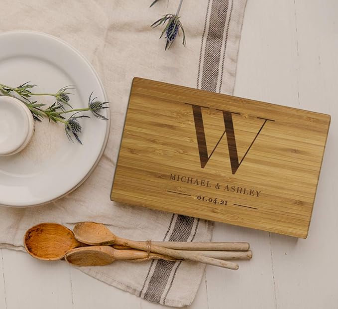 Andaz Press Personalized Laser Engraved Small Bamboo Wood Cutting Board, 9.5 x 6-inch, Monogram with Names and Date, Custom