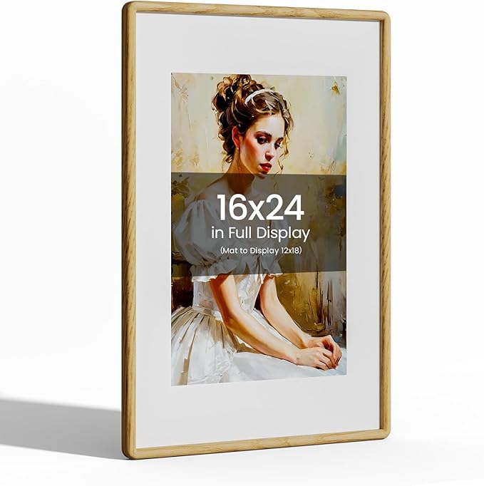 16x24 Picture Frame Natural Oak Wood From California-USA with Real Tempered Glass, Handcrafted 16 x 24 Poster Frame Matted to 12x18 Wedding Photo,Family Picture,Graduation Picture Display on Wall