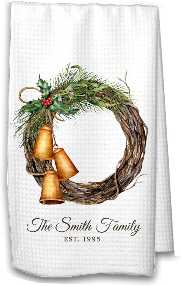 Studio 9Thirty3 Personalized Christmas Wreath Towel, Antique Gold Bells Holiday Kitchen Towel with Family Name, Gift for Mom, Family, Neighbors, Hostess Gift (White Towel, Waffle Towel)