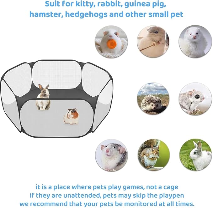 Amakunft 2 in 1 Small Animal Playpen with Waterproof Pad, Pop-Up Portable Play Yard for Guinea Pigs, Rabbits, Hamsters, Hedgehogs, Foldable Exercise Fence with Breathable Mesh for Indoor Outdoor Use
