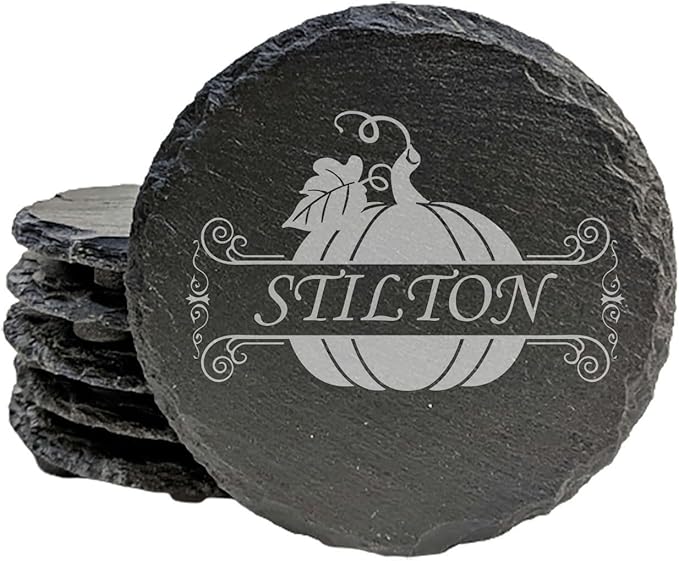 Personalized Monogram Family Coasters, Natural Stone Set, Birthday, Wedding, Customized, Rustic - Round Slate - Set of 6