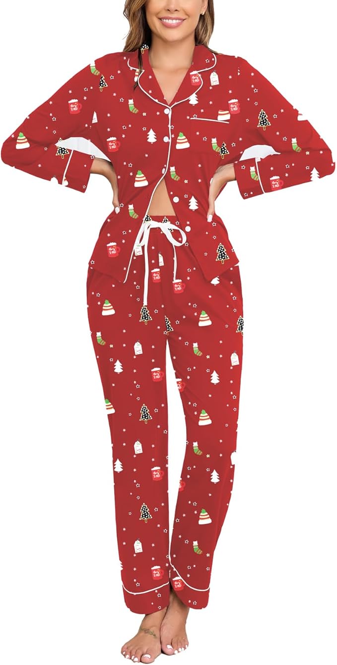 Veseacky 100% Cotton Pajamas for Women Set Long Sleeve Button Down Sleepwear Soft Pjs Lounge Sets with Pockets S-XXL