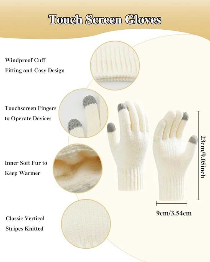 Winter Beanie Hat Scarf Gloves Set for Women, Fleece Knit Pompom Beanie Neck Warmer Long Scarf Touchscreen Gloves 3 in 1 Set