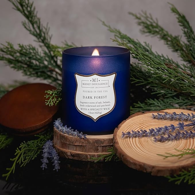 Manly Indulgence Dark Forest Scented Jar Candle for Men, Wood Wicked Candle, 15 oz - Oak, Balsam, Fresh Cedarwood & Patchouli - Up to 60 Hours Burn, Soy Blend Wax, USA Poured, Navy Blue