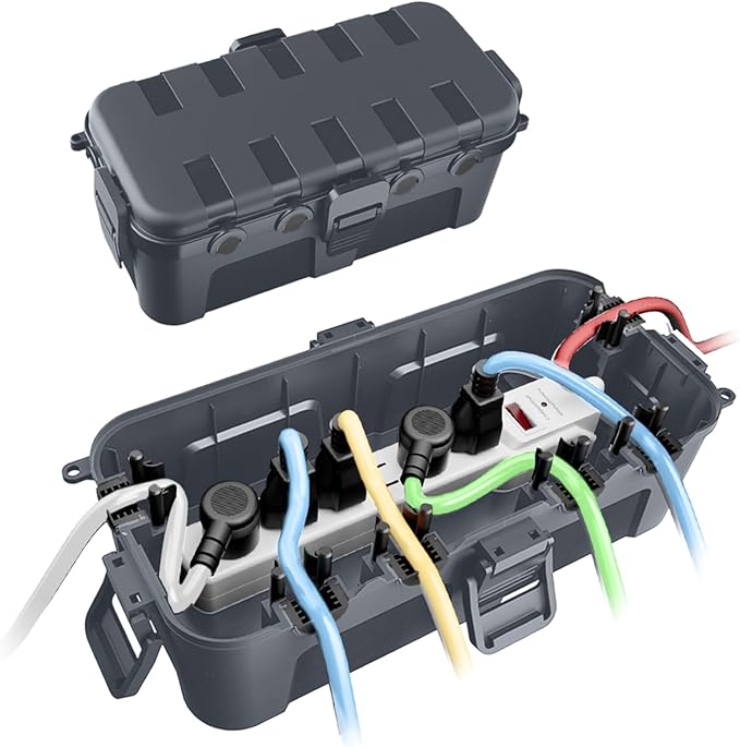 QUOBAS 2 Pack Outdoor Waterproof Electrical Box with 6 Cable Ports, IP54 Weatherproof Heavy-Duty Extension Cord Cover for Power Strips, Garden Power Tools, Holiday Lights, Gray