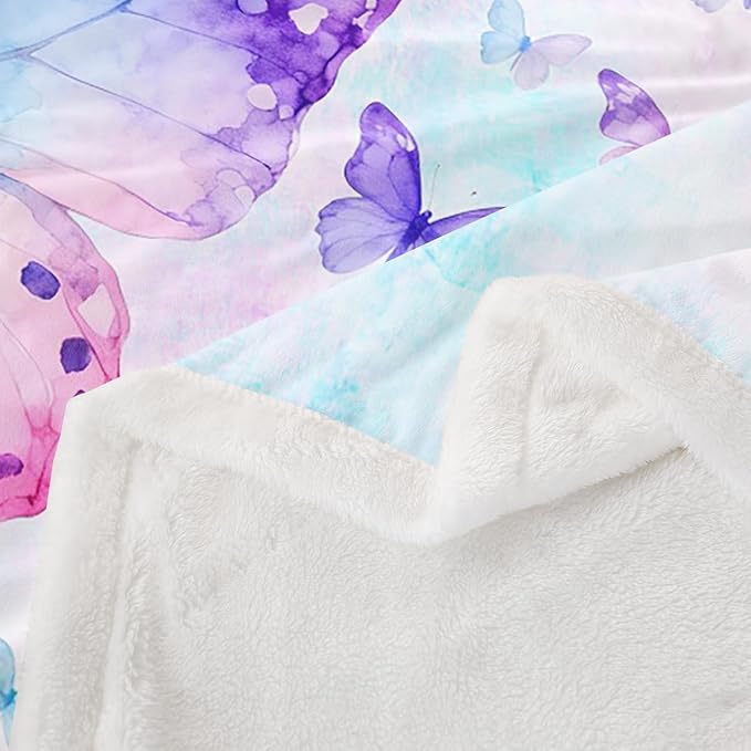Feelyou Butterfly Fleece Throw Blanket Twin 60"x80" Kids Purple Blue Watercolor Sherpa Blanket Plush Fuzzy for Bed Couch Chair Living Room, Butterflies Lover Bed Blanket Chic Room Decor