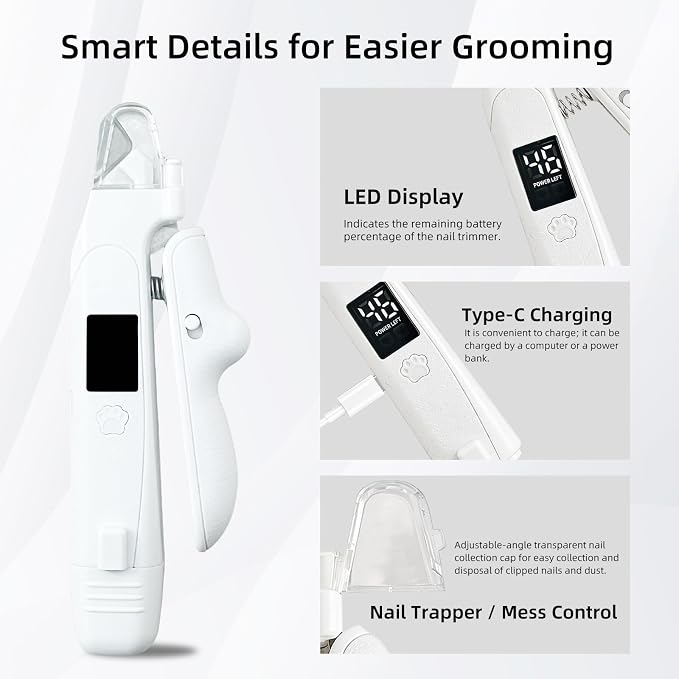 2-in-1 Guinea Pig & Rabbit Nail Grinder & Clipper - Rechargeable Electric Nail File Trimmer with LED Light, Quiet Low-Speed for Small Pets, Bunny - Safe No-Bleed Grooming Tool - White