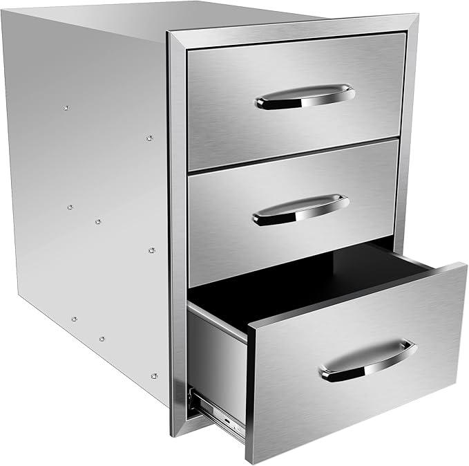 Outdoor Kitchen Drawers Stainless Steel 18W X 21H X 23D Inch, Flush Mount Triple BBQ Island Drawers with Handle for Outdoor Kitchens, Patio or Grill Station