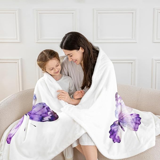 Feelyou Purple Butterfly Fleece Throw Blanket Twin 60"x80" Kids Girls Sherpa Blanket Plush Fuzzy for Bed Couch Chair Living Room, Watercolor Bed Blanket Room Decor