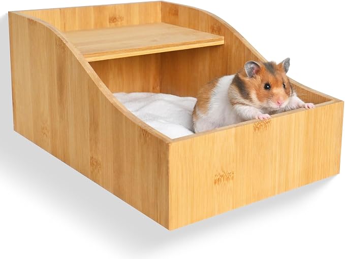 0.3" Thick Bamboo Hamster Sand Bath Box, Pre-Assembled Wooden Sandbox with Platform & Curved Splash-Proof Design, Safe One-Piece Digging Container for Dwarf Hamsters, Robo, Mice, Small