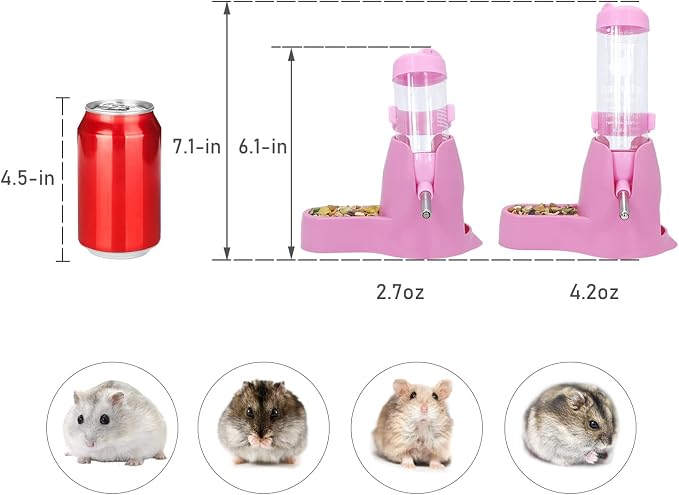 Wontee 3 in 1 Hamster Water Bottle with Food Bowl Hideout Base, 80ML, Pink | Water dispenser, food container, hideout, stable base, easy to refill, for glass tank/cage, dwarf hamster/mouse/gerbil, 2.7oz