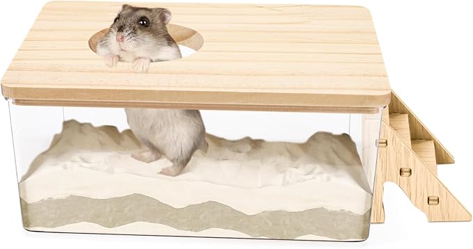 Hamster Sand Bath, Pentagon Hamster Sand Bath Container with Climbing Ladder, Large Acrylic Hamster Dig Box with Wood Cover, Sand Bath for Hamsters Small Animals (Rectangle)